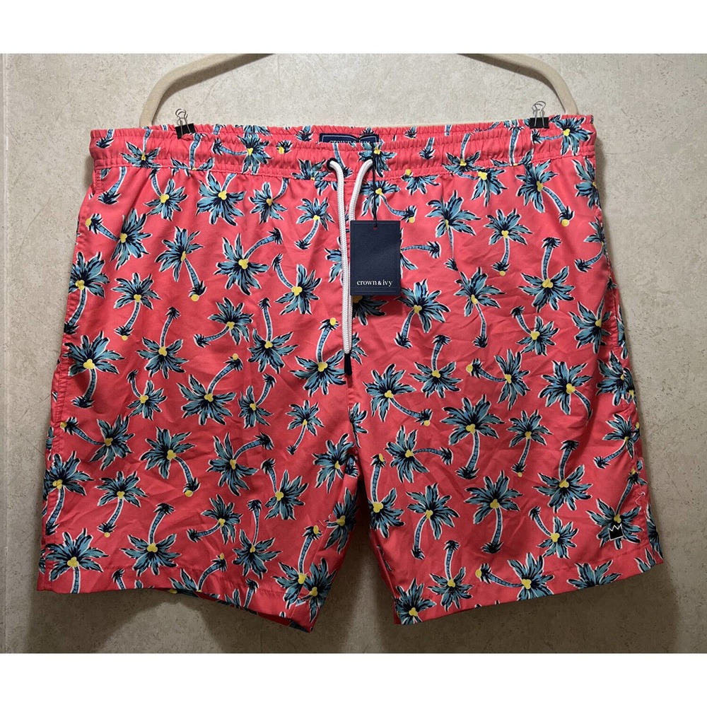 Crown & Ivy Swim Shorts Men's XL Mesh Lined Swimming Trunks Pink Palm Trees